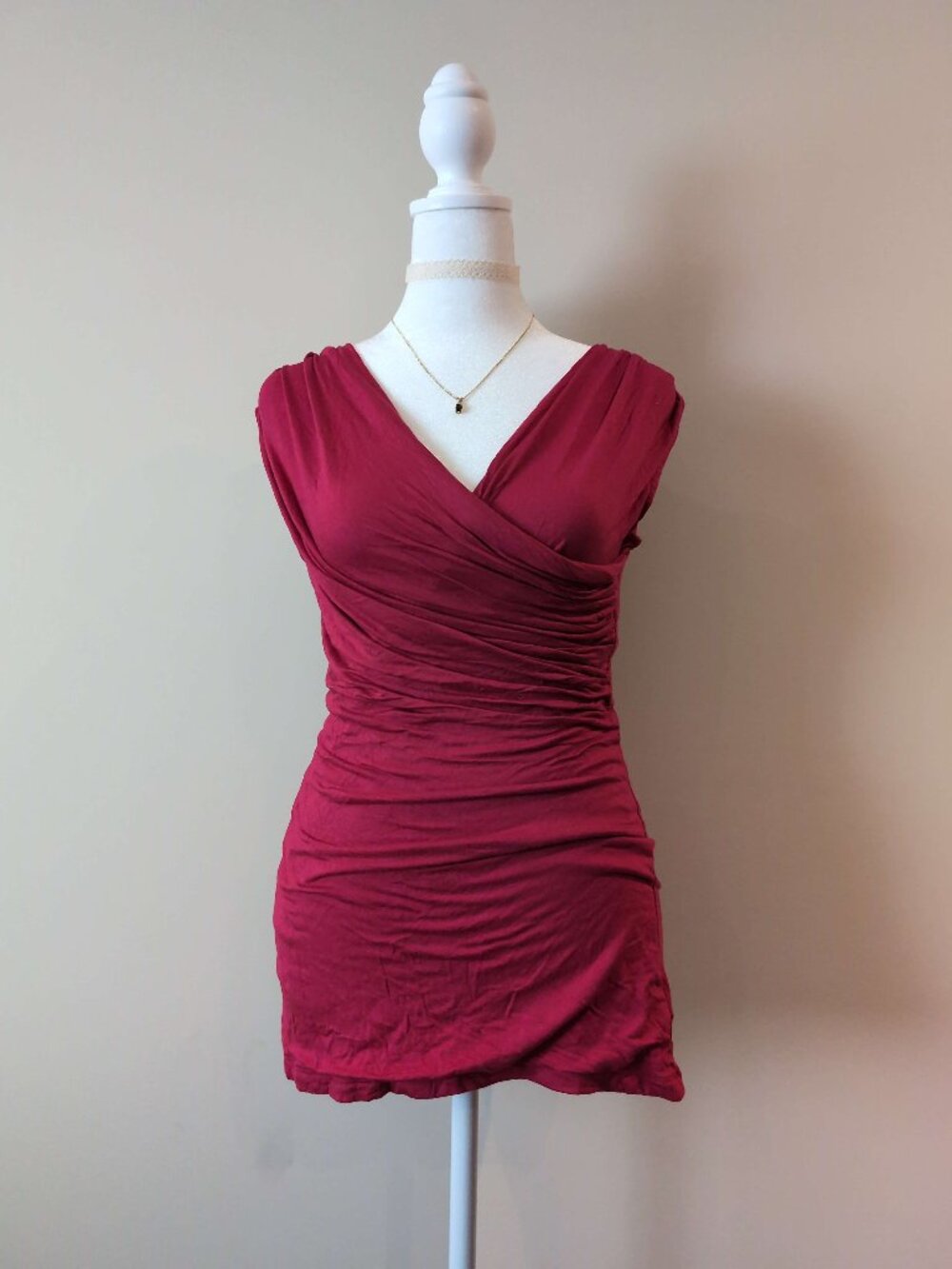 Y2K Cranberry Ruched Wrap-Style Rayon Blouse